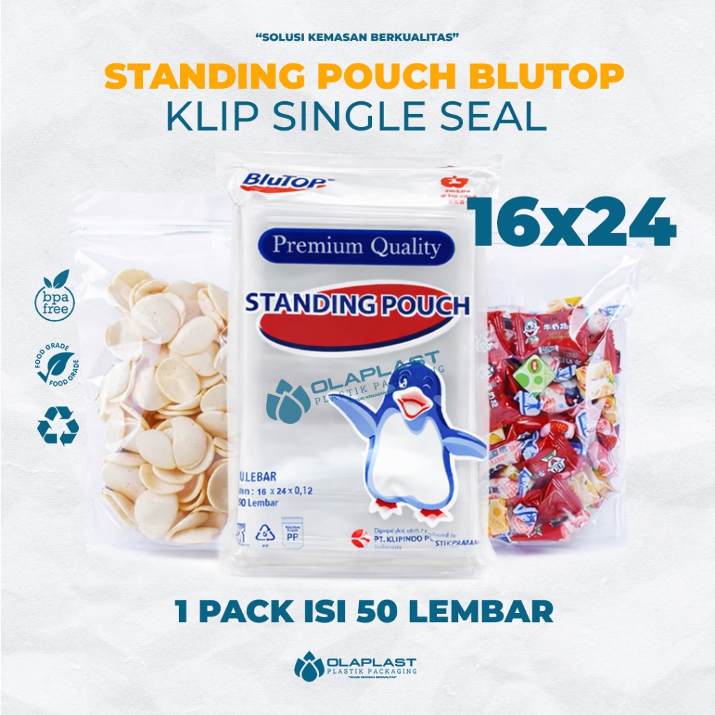 50pcs Blutop Standing Pouch 16x24  Seal Biasa / Single Seal Ekonomis / Standing Pouch Blutop