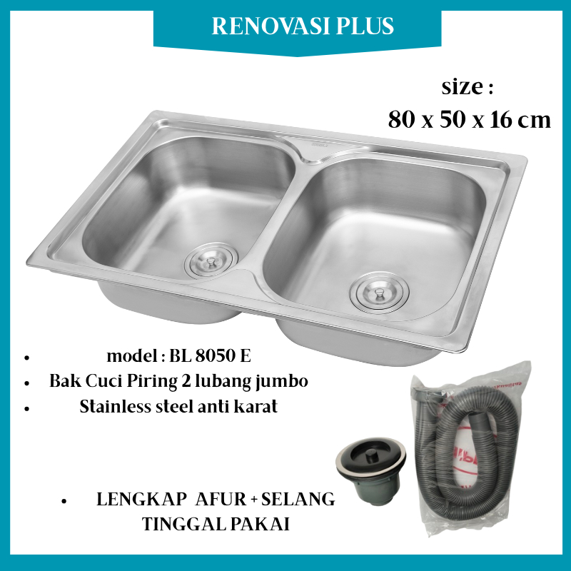 PREMIUM HND 8050E BAK CUCI PIRING 80x50 / WASTAFEL SINK DAPUR 2 LUBANG /KITCHEN SINK STAINLESS STEEL
