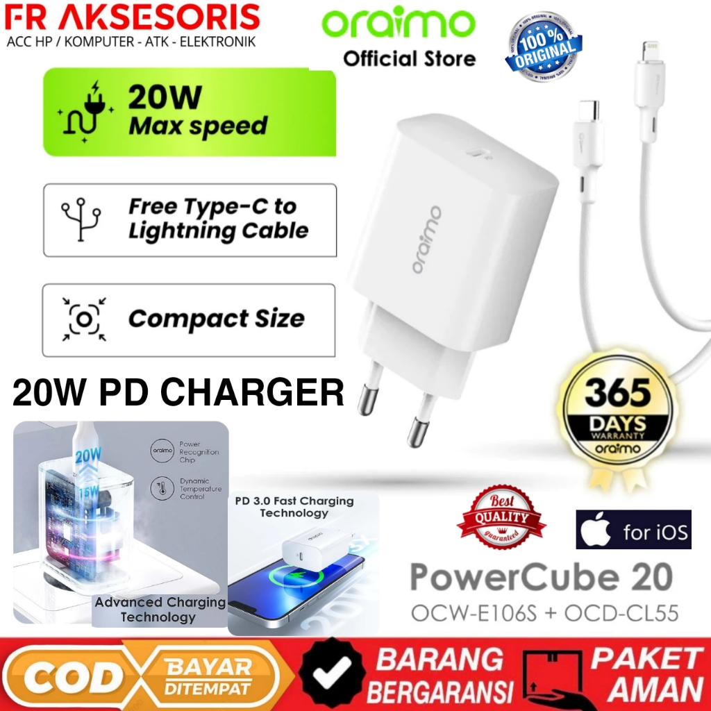 Charger Type C to Lightning 20w PD Oraimo OCW-E106S + CL55 ORAIMO OCW-E106S Charger TYPE C TO LIGHTN