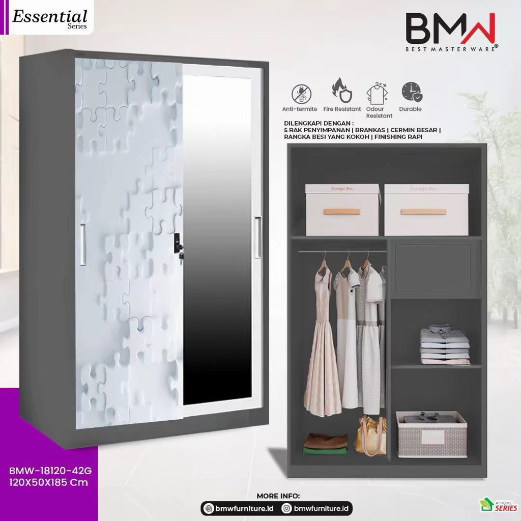 Lemari Pakaian Besi Sliding Kaca BMW 2 Pintu Anti Rayap