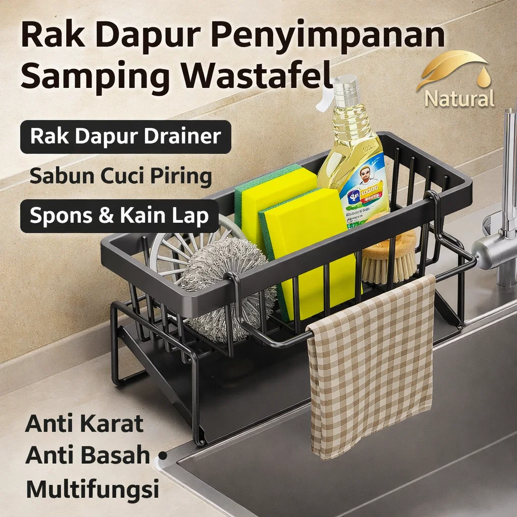 Rak Tirisan Wastafel Dapur / Rak Penyimpanan Dapur / Rak Penyimpanan Sabun Cuci Piring dan Spons / R