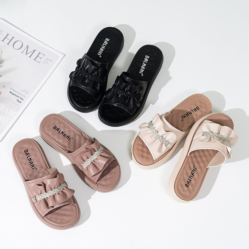 BALNANI Sandal Slop Jelly Wanita Ban Tali Kepang Kerut Bunga Manik