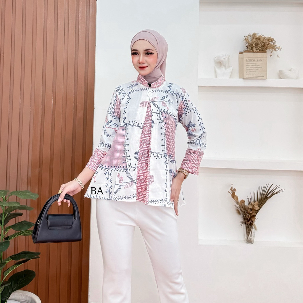 Atasan Batik Kerja Wanita Blouse Batik Kerja Wanita Baju Kantor Wanita ( Bordir Floi )