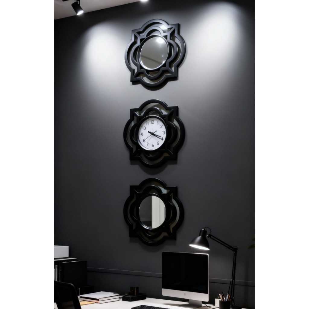 Set Jam Dinding & 2 Cermin Dekoratif – Frame Senada