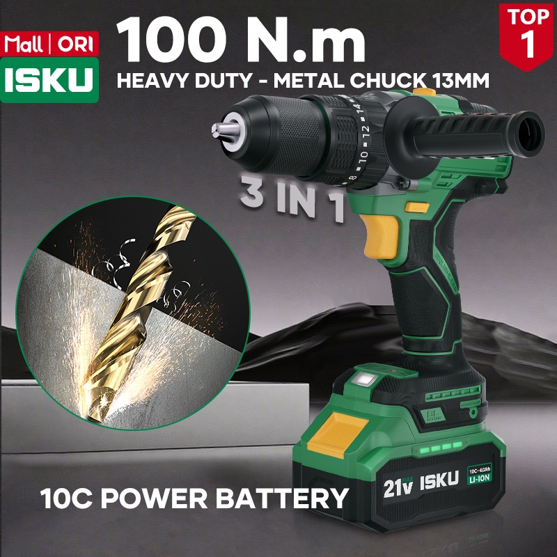 ISKU Bor Baterai Impact Drill 13mm Besi Beton Cor Tembok 100Nm Brushless 21V Cordless Torsi Badak Me