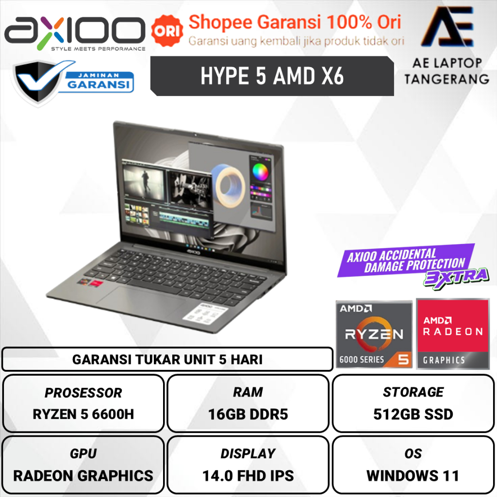 Axioo Hype 5 AMD X6 AMD Ryzen 5 6600H 16GB 512GB W11 14.0 inch FHD IPS BLIT HDMI