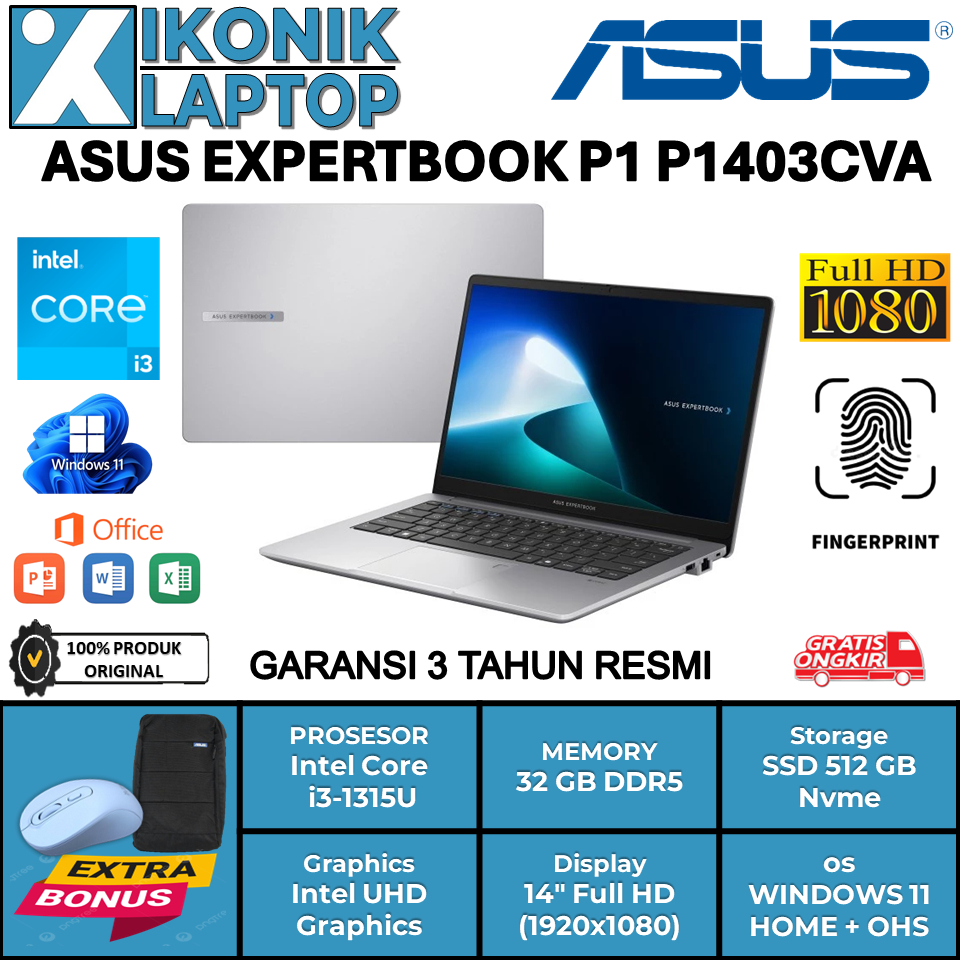 Laptop Kerja Asus EXPERTBOOK P1 Intel Core i3 Ram 32 GB Ssd 512 GB Garansi Resmi 3 Tahun Original