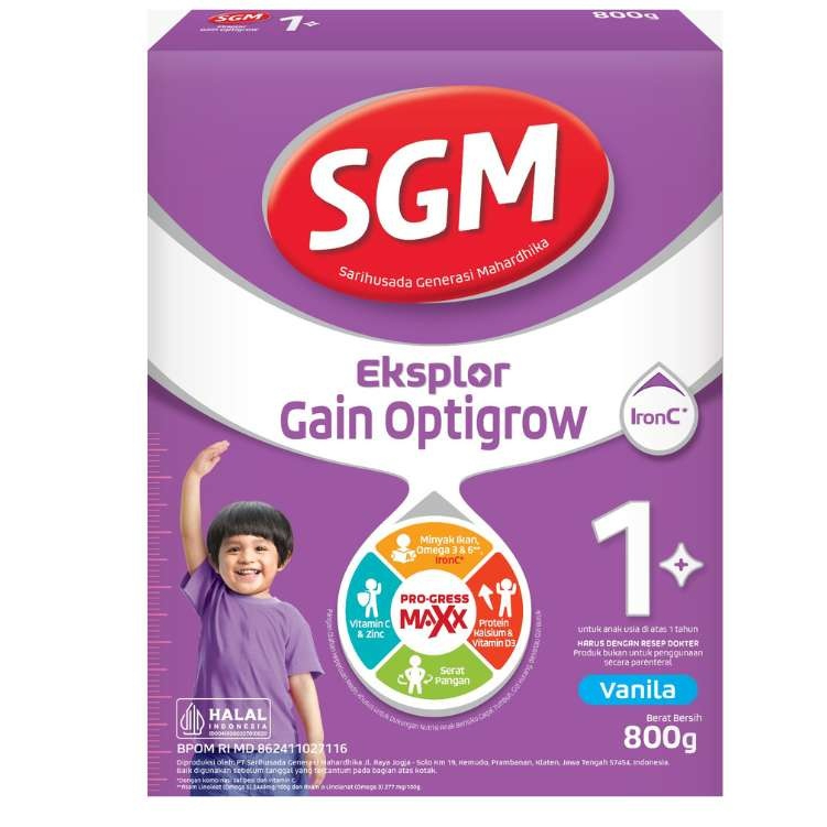 SGM EKSPLOR GAIN OPTIGROW 1 PLUS Susu Formula Anak 800gr Vanila Maltodekstrin Susu Bubuk