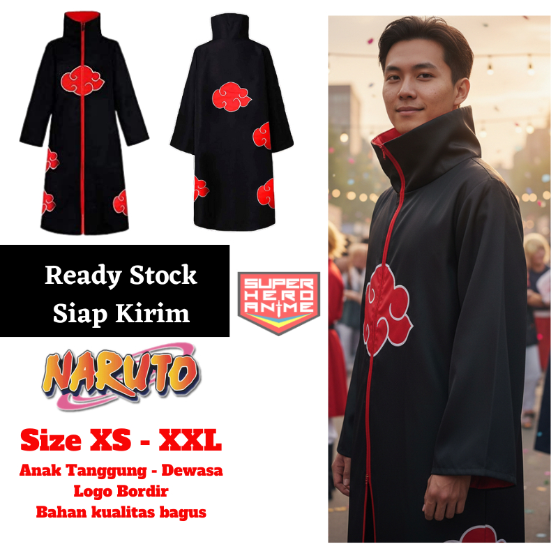 Kostum Akatsuki Naruto Itachi Uchiha Jubah Baju Anime Cosplay Logo Bordir