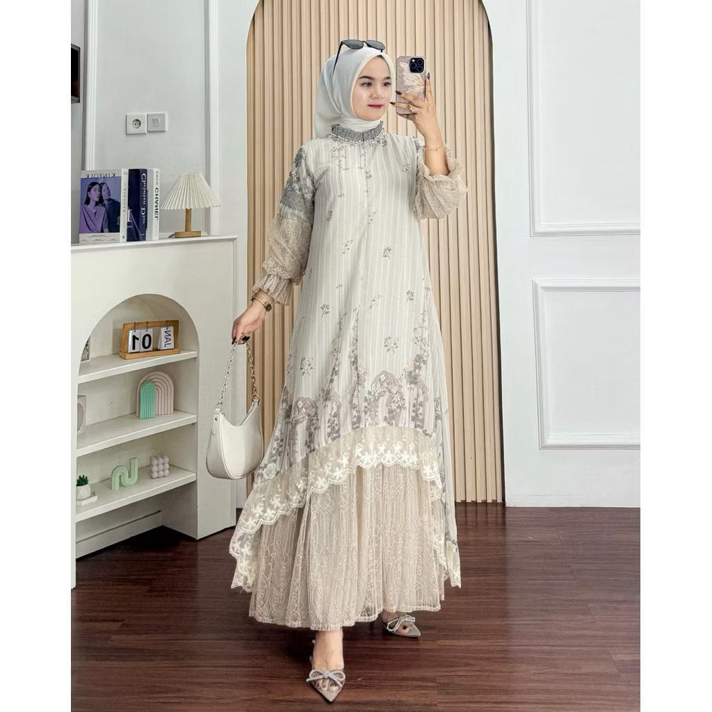 Anindya - Dress Raya Collection Maxy Gamis Kiandra Ceruty Brokat Tile premium