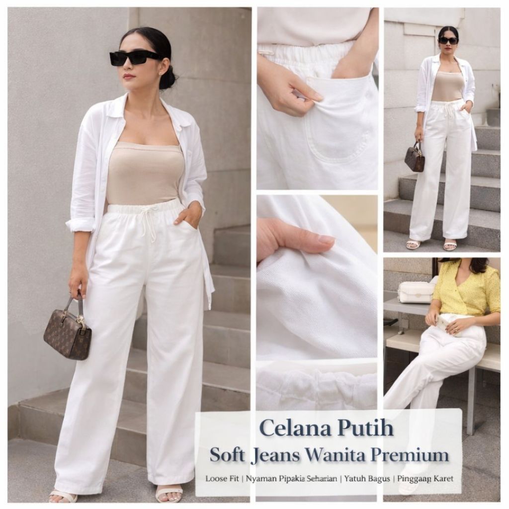 Celana Panjang Wanita Putih Premium Soft Jeans High Waist Karet | Celana Santai Cewek Loose Fit Impo