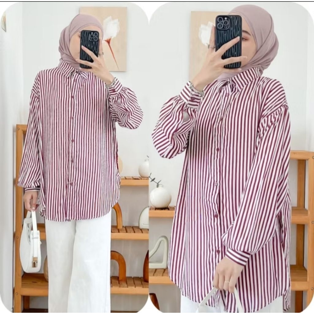 kemeja basic motif salur bahan rayon