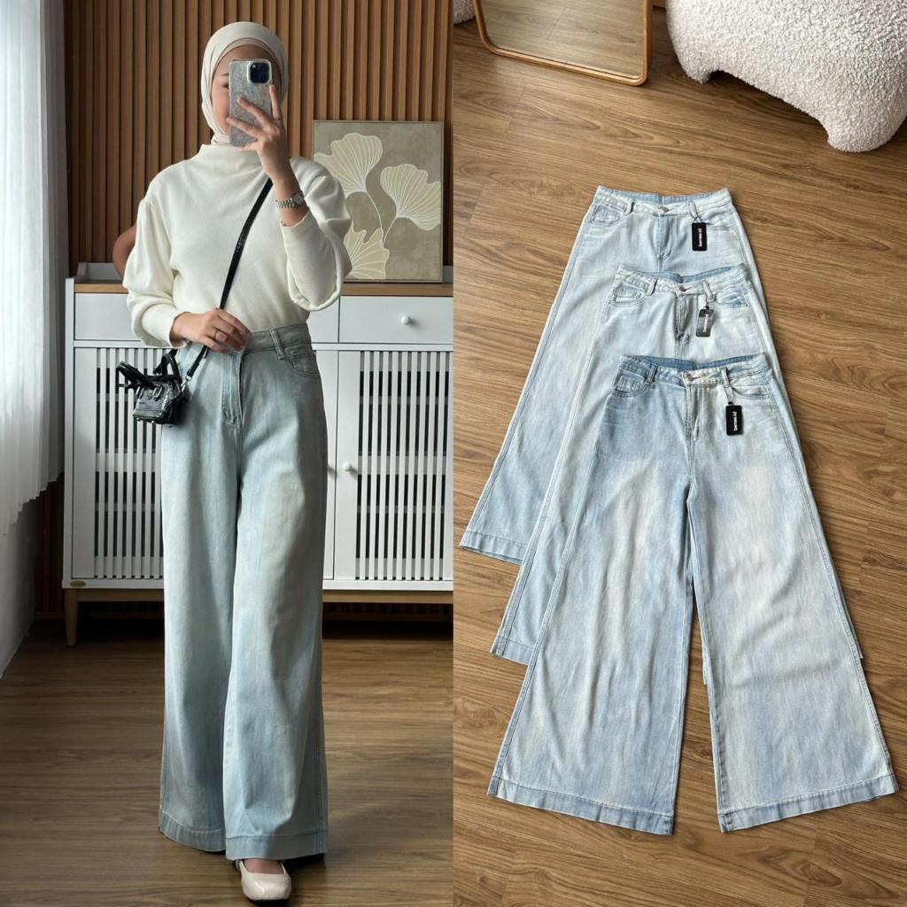 benee.id ALEYA CULLOTES JEANS Celana Kulot Highwaist Wanita Loose Wide Leg Denim Light Blue OOTD Hij