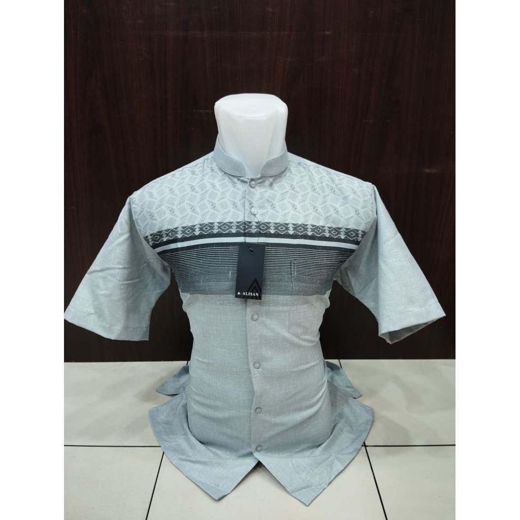 Alisan Baju Muslim Koko Fashion Pria Biru Muda & Kuning Lengan Pendek Reguler