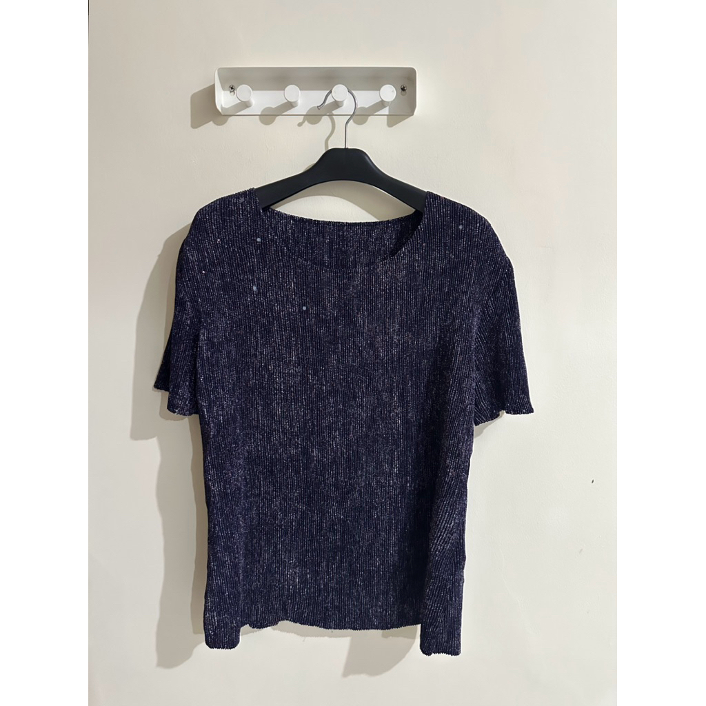Galaxy Shimmering Pleats Blouse Atasan Glitter Plisket Wanita Purple Pleated Top Textured