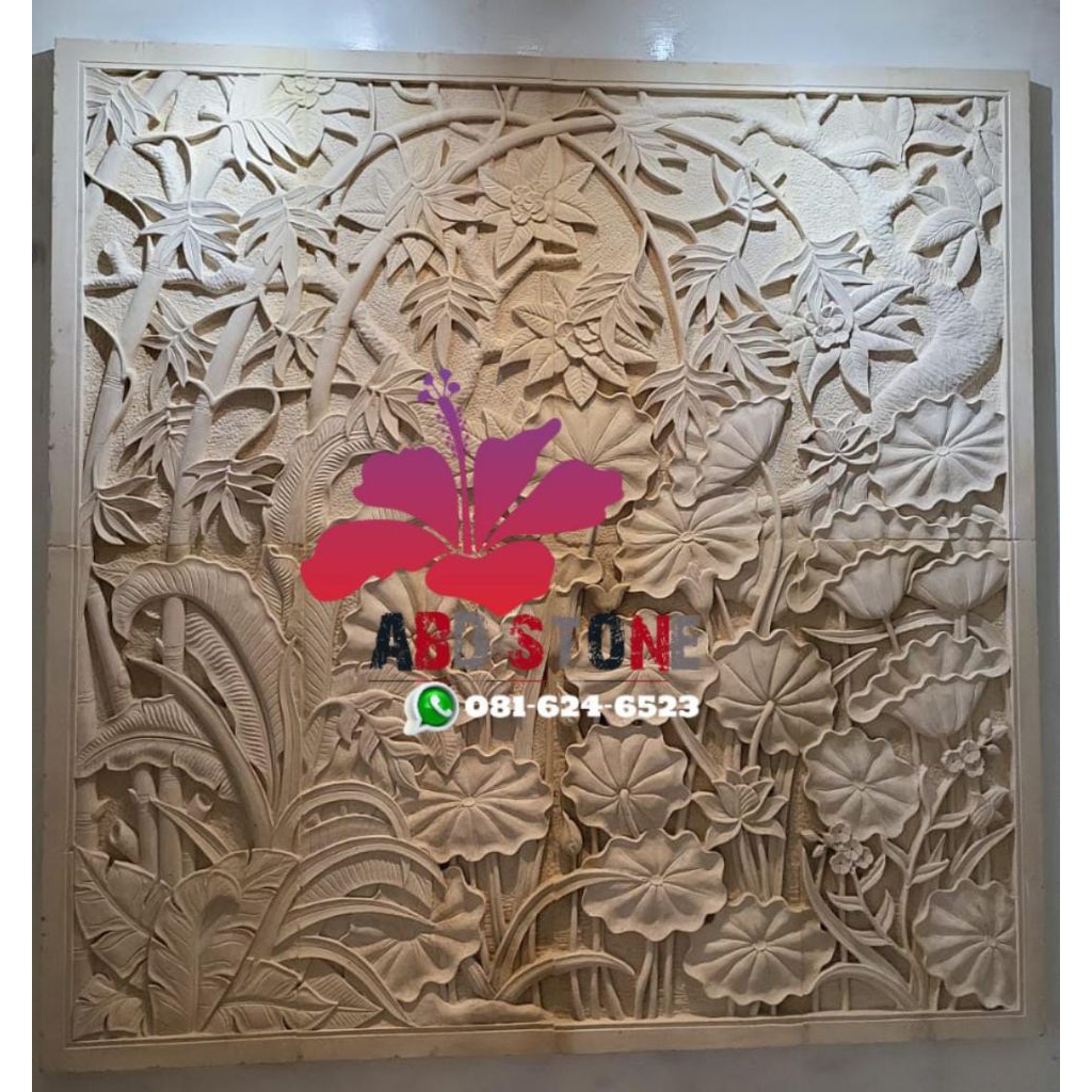 batu ukir relief bunga lotus tumbuhan hiasan dinding