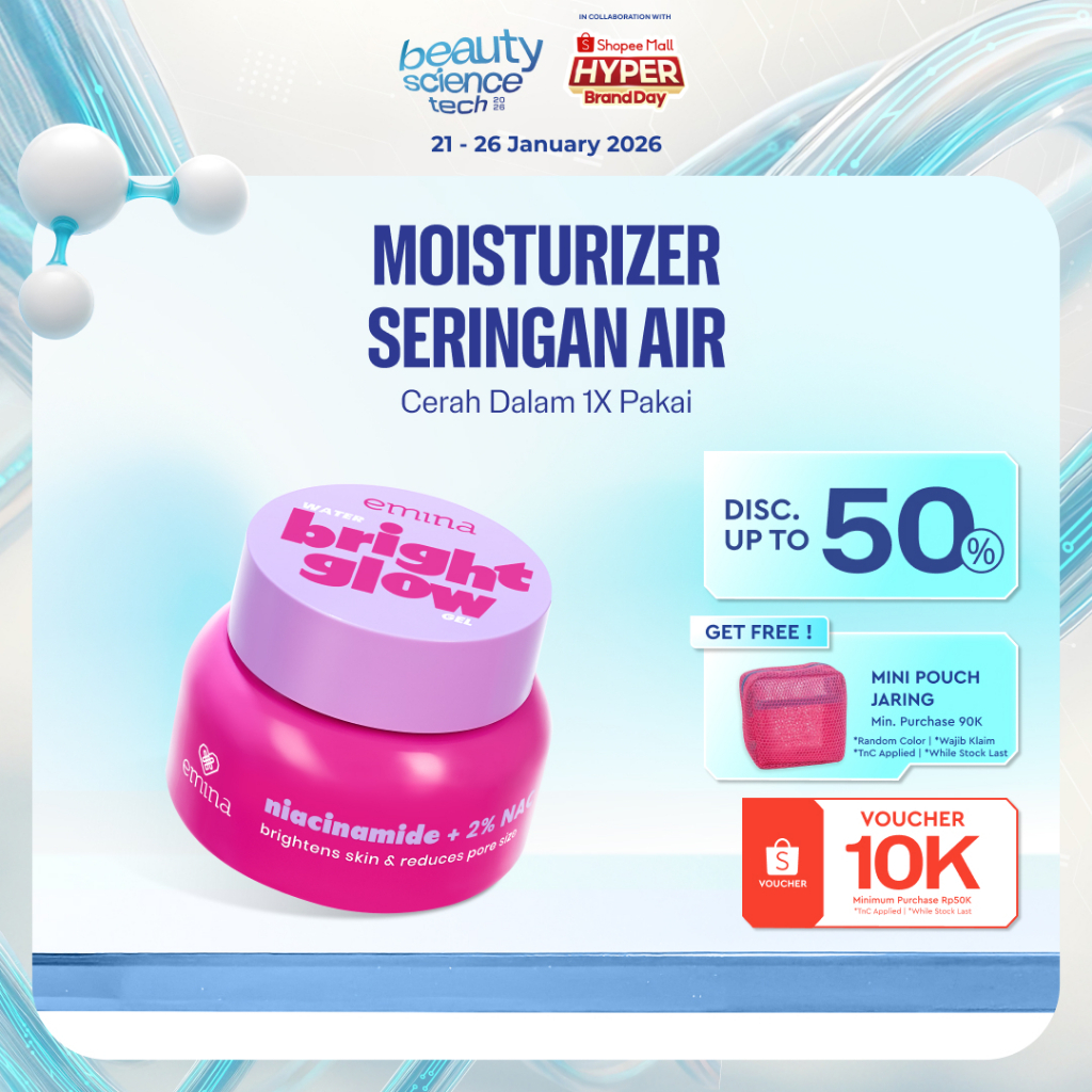 Emina Water Bright Glow Gel Moisturizer 30g | Mencerahkan & Menyamarkan Flek Hitam, Kulit Glowing, M