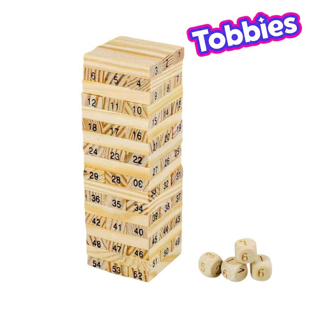 TOBBIES FUN SHOP Permainan Stacko Kayu 54 Balok 4 Dadu Board Game Keluarga Seru Mainan Edukasi Anak 