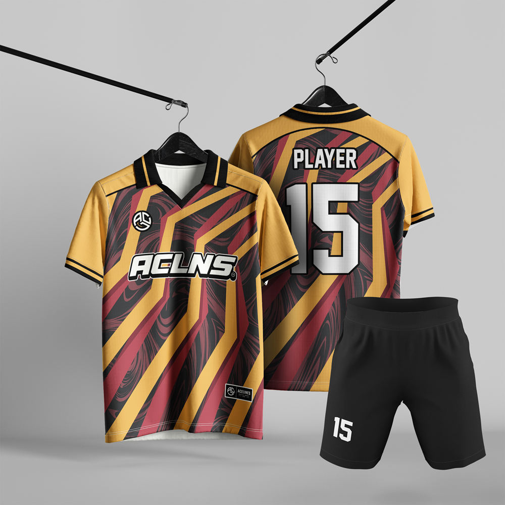 Setelan Jersey Futsal Tim Unisex Gold Motif Garis Diagonal Merah Hitam Berkerah