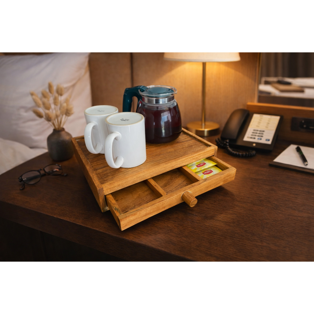 Tray Amenities Kayu dengan Laci untuk Teh dan Kopi dengan Desain Minimalis