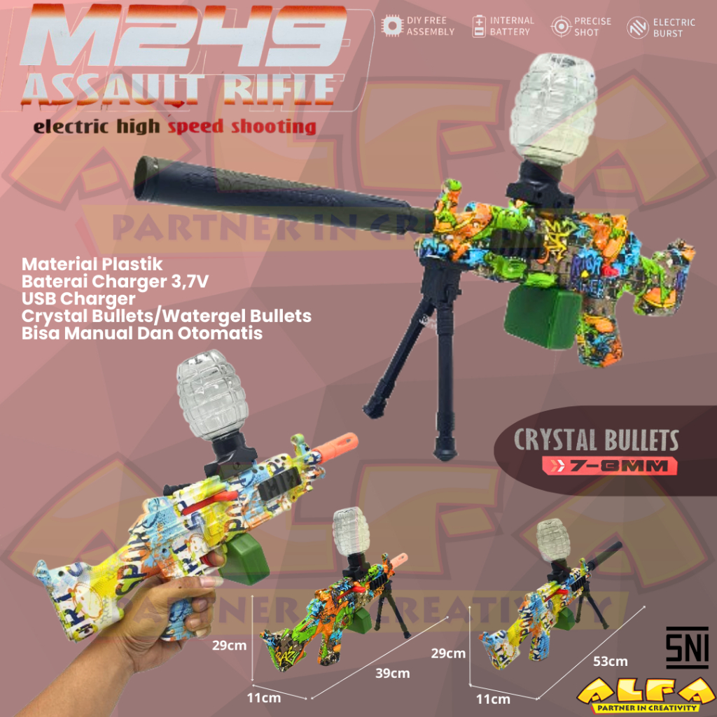 Toko Mainan ALFA M249 Assault Rifle Gun+Charger 7077-103