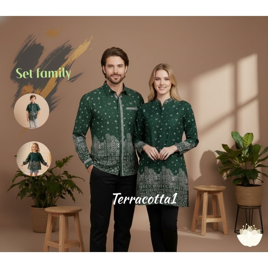 Kemeja pria batik dan tunik wanita batik Piramida set family size S-jumbo