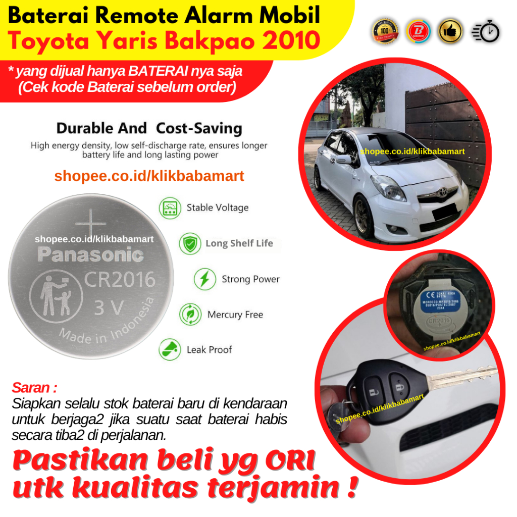 Baterai Remot Kunci Alarm Mobill Toyota Yaris Bakpao Tahun 2010 Original
