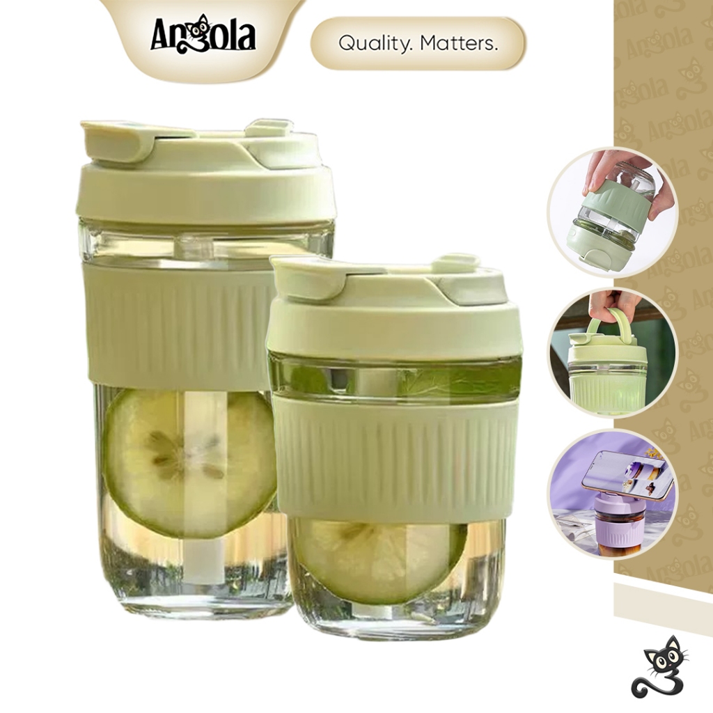 ANGOLA Tumbler Gelas Kopi Kaca 520ml W29-W30 Tumblr Mug Transparan Anti Slip Aestetik