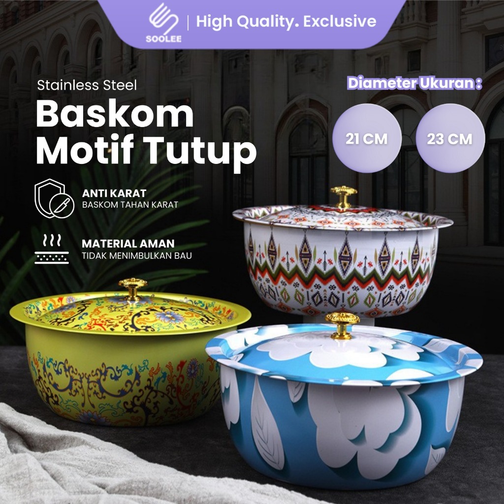 SOOLEE Baskom + Tutup Enamel Bunga 21-23CM Baskom Motif Cantik Murah
