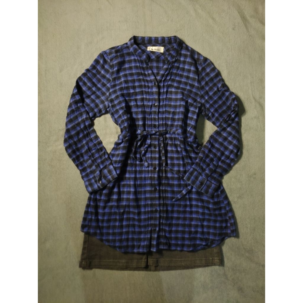 Kemeja tunik Wanita bahan flanel kotak-kotak biru dan hitam