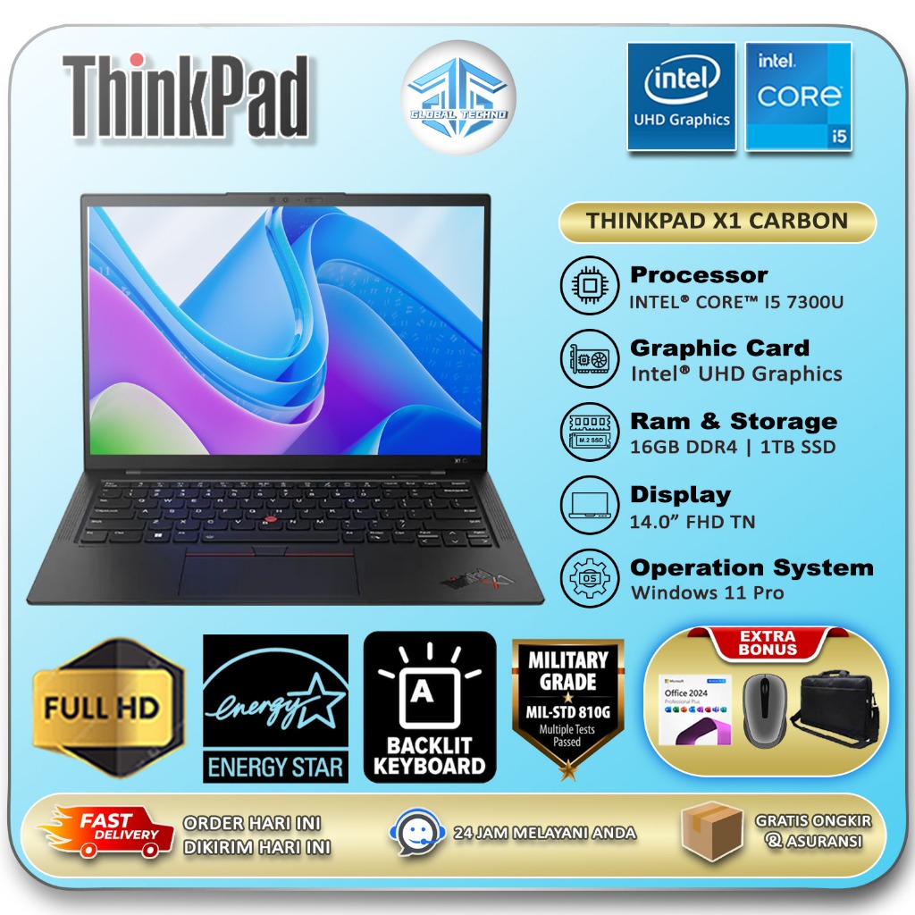 Promo Lenovo Thinkpad X1 Carbon Intel i5 7300U Ram 16GB 1TB SSD 14" FHD IPS Backlight Windows 11