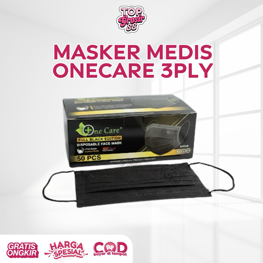 Masker Medis Merek OneCare Warna Hitam Black Mask 3ply isi 50pcs
