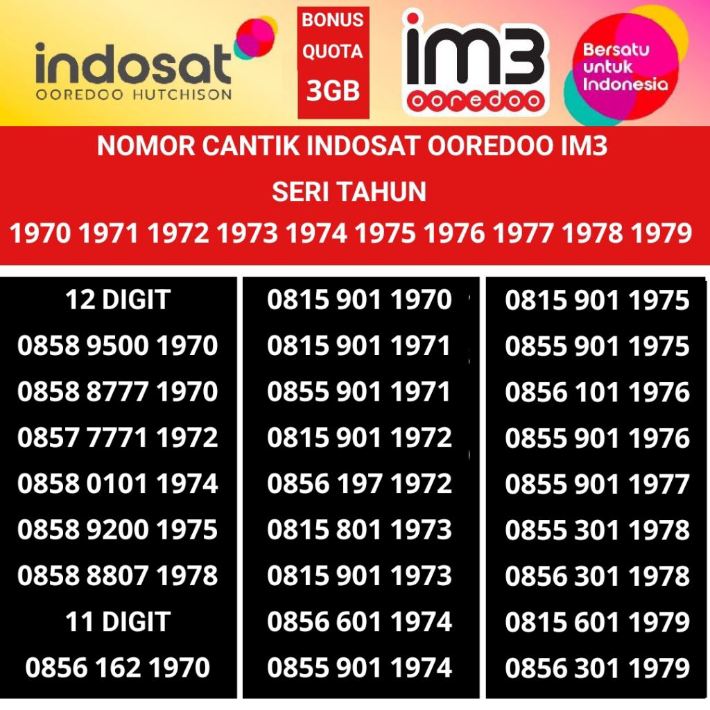 nomor cantik seri tahun Indosat Ooredoo im3 1970 1971 1972 1973 1974 1975 1976 1977 1978 1979 nomer 