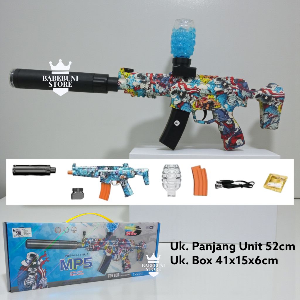 Mainan Anak Cowok Tembak Water Gell Blaster WGB MP5 Full AUTO Efek Cahaya & Asap Baterai Cas