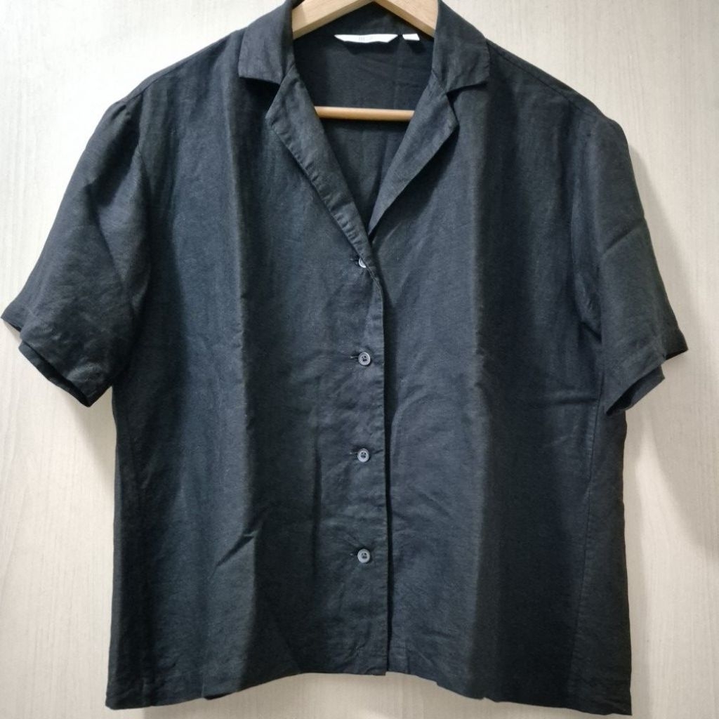 atasan kemeja wanita uniqlo linen hitam
