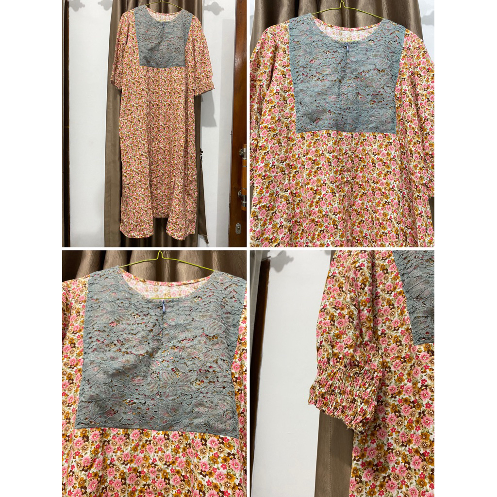 Dress Tunik Floral Premium / Gamis Motif Bunga Detail Brokat Dada / Long Dress Casual