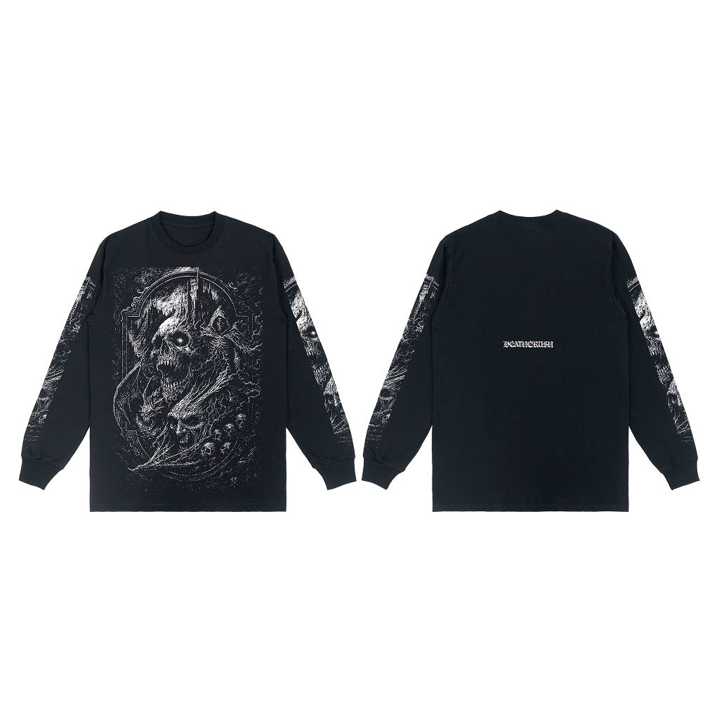 Kaos Unisex Distro Black Metal Cotton 24s – Deathcrush Streetwear Longsleeve Tee Hellfire666 Front