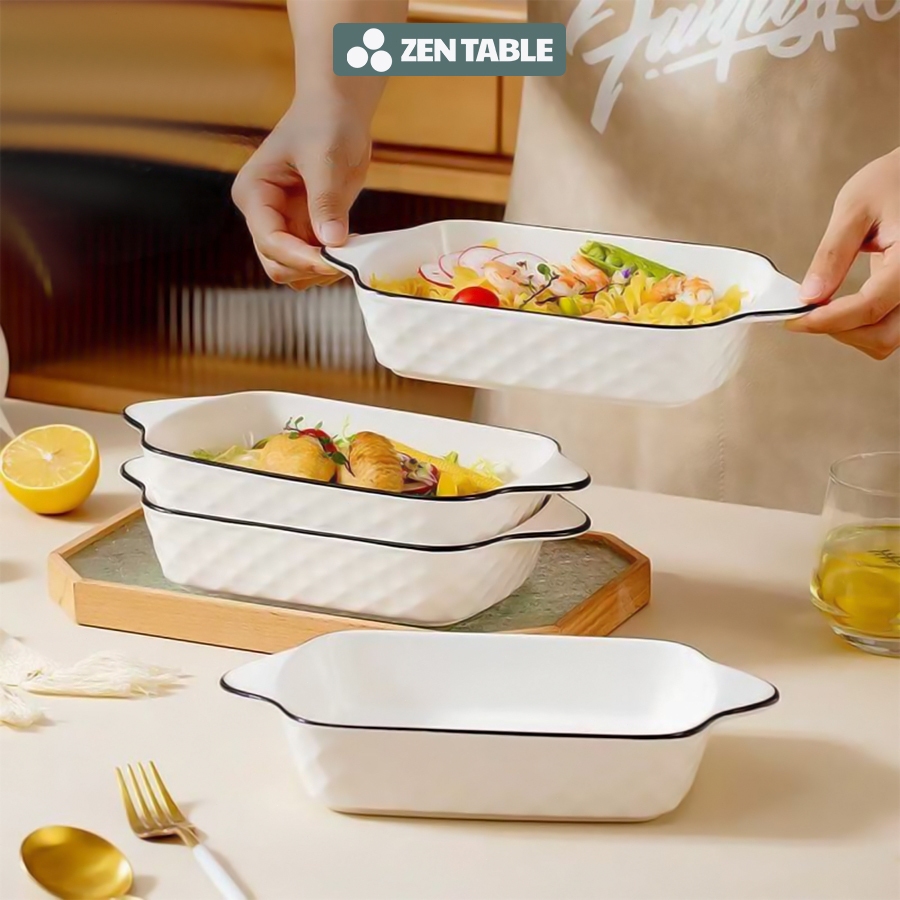 ZENTABLE - Mangkuk & Piring Hidangan Keramik Saji Putih Elegant Lis Hitam / Piring Mangkuk Saji Aest