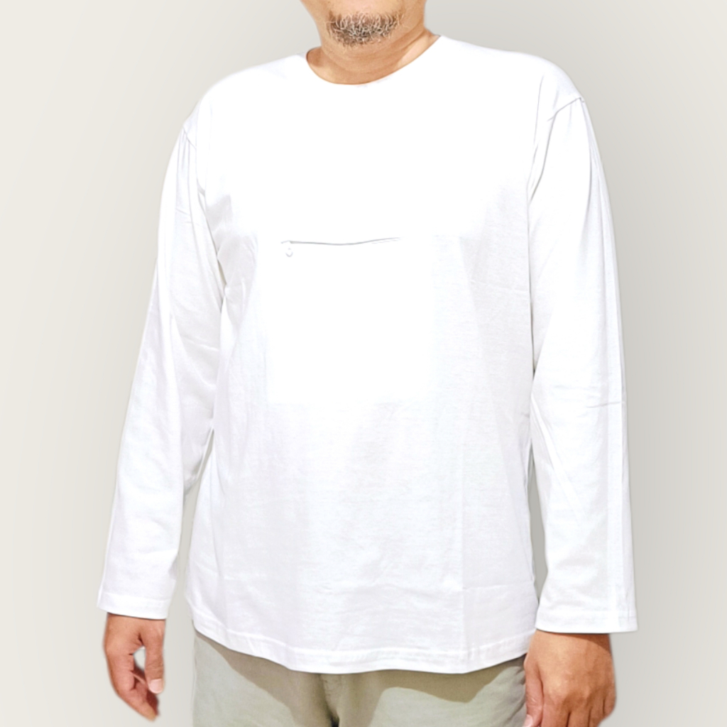 Kaos Putih Polos Pria Lengan Panjang – Kaos Haji Umroh Kantong Depan Resleting