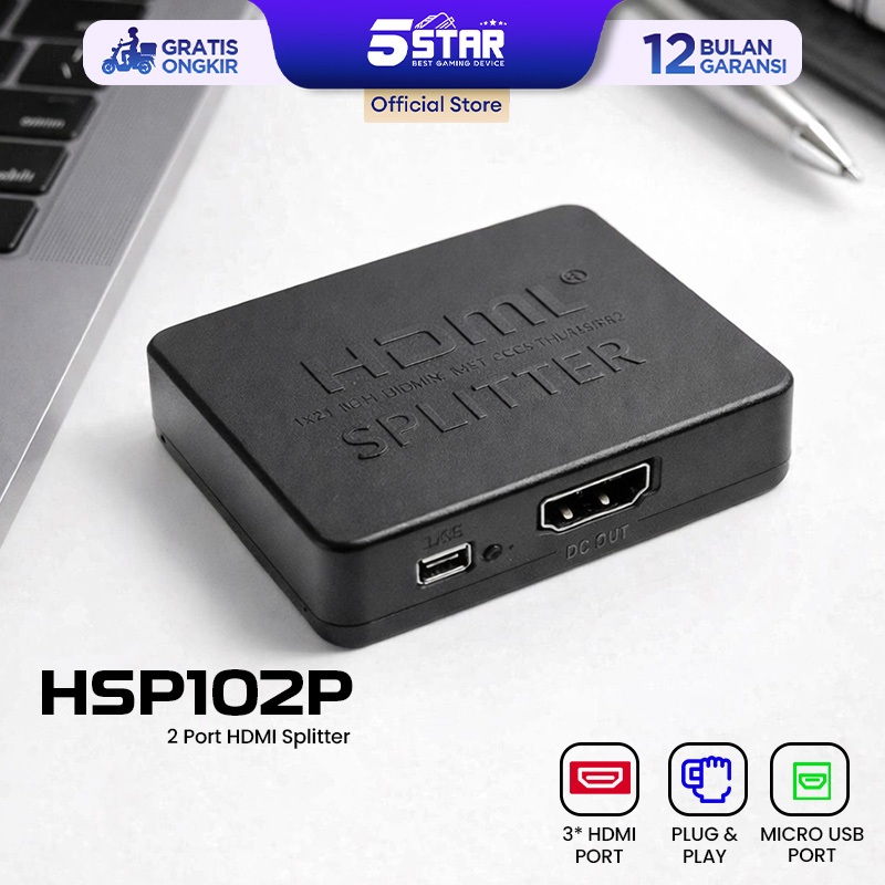 5Star 2 Port HDMI Splitter dengan USB Power Cable Pembagi Sinyal HDMI 1 Input 2 Output untuk TV, Mon