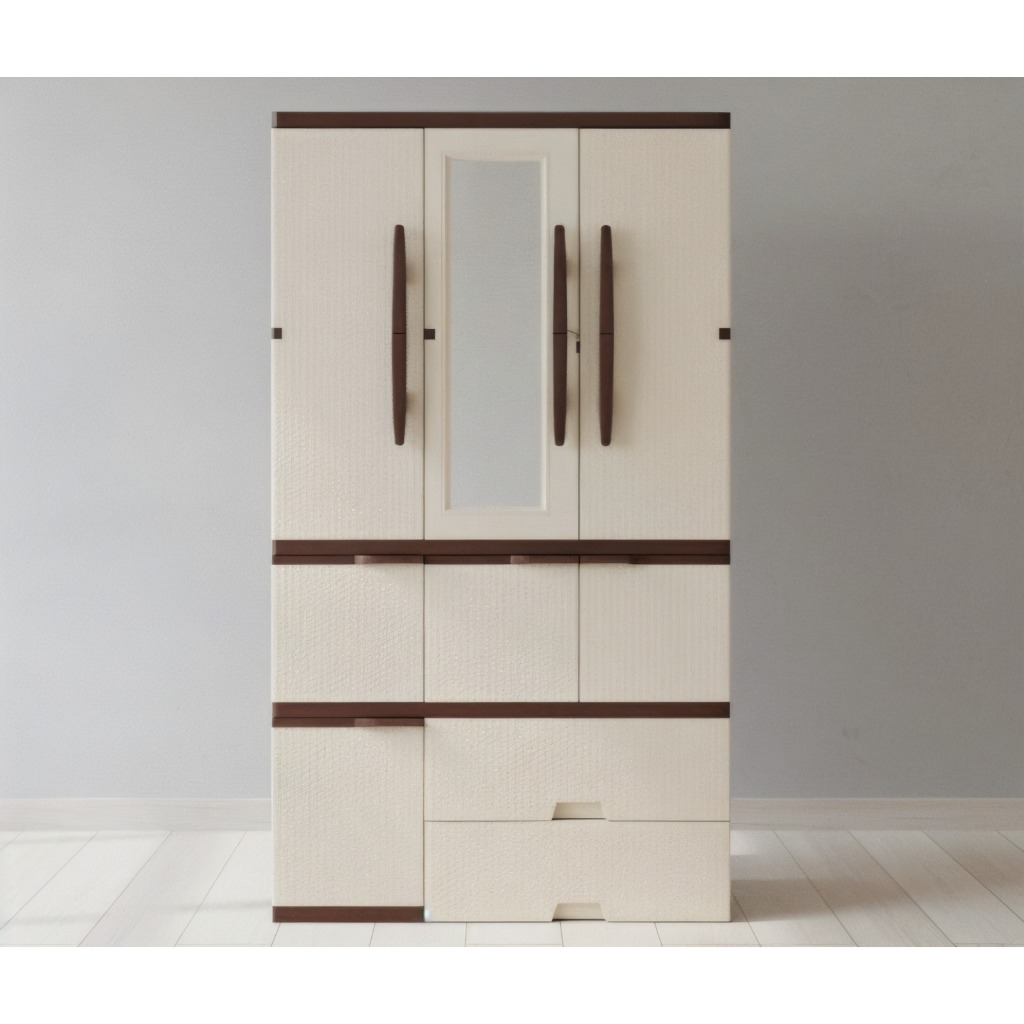 LEMARI PAKAIAN PLASTIK 3 PINTU 2 LACI GANTUNG KACA KUNCI AKAKO LP3P ELITE