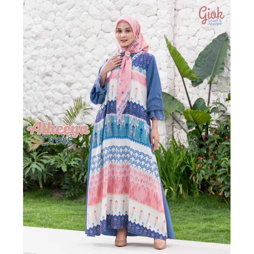 Atheeya Dress by Giok Scarf - Gamis Dress Printing Biru Pink