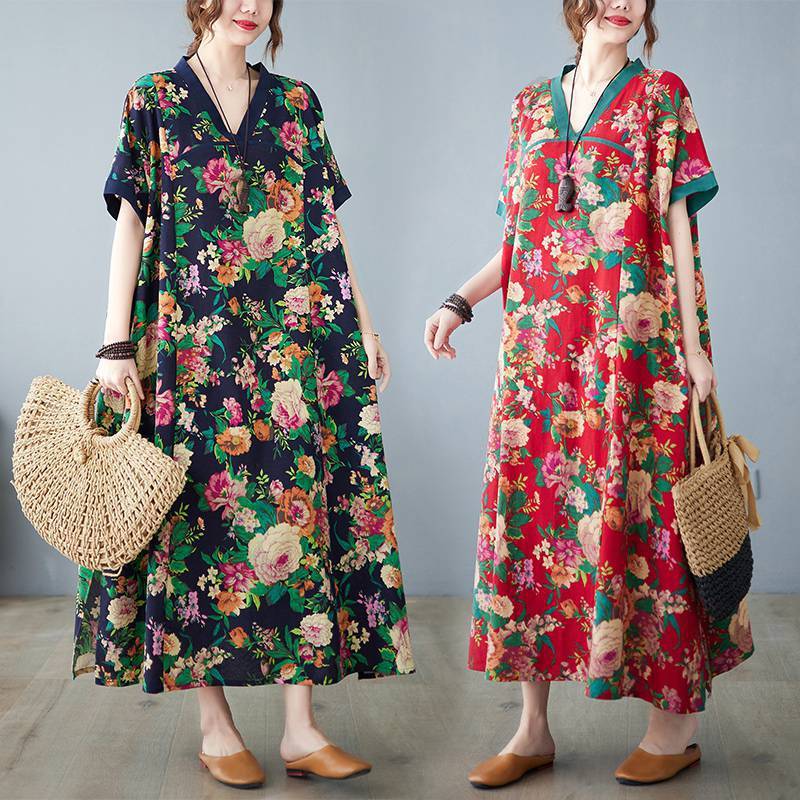 Dress Wanita Floral Long Dress Oversize Korea Motif Bunga Lengan Pendek Casual Import | Dress Oversi