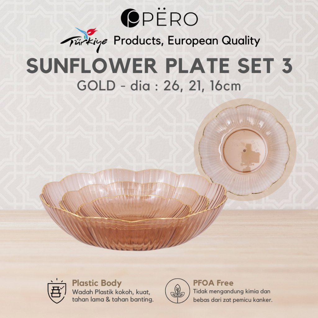 Pero Sunflower Round Plate Plastic Set of 3 / Piring Kaca Bulat Plastik Set 3 / Piring Serbaguna / P
