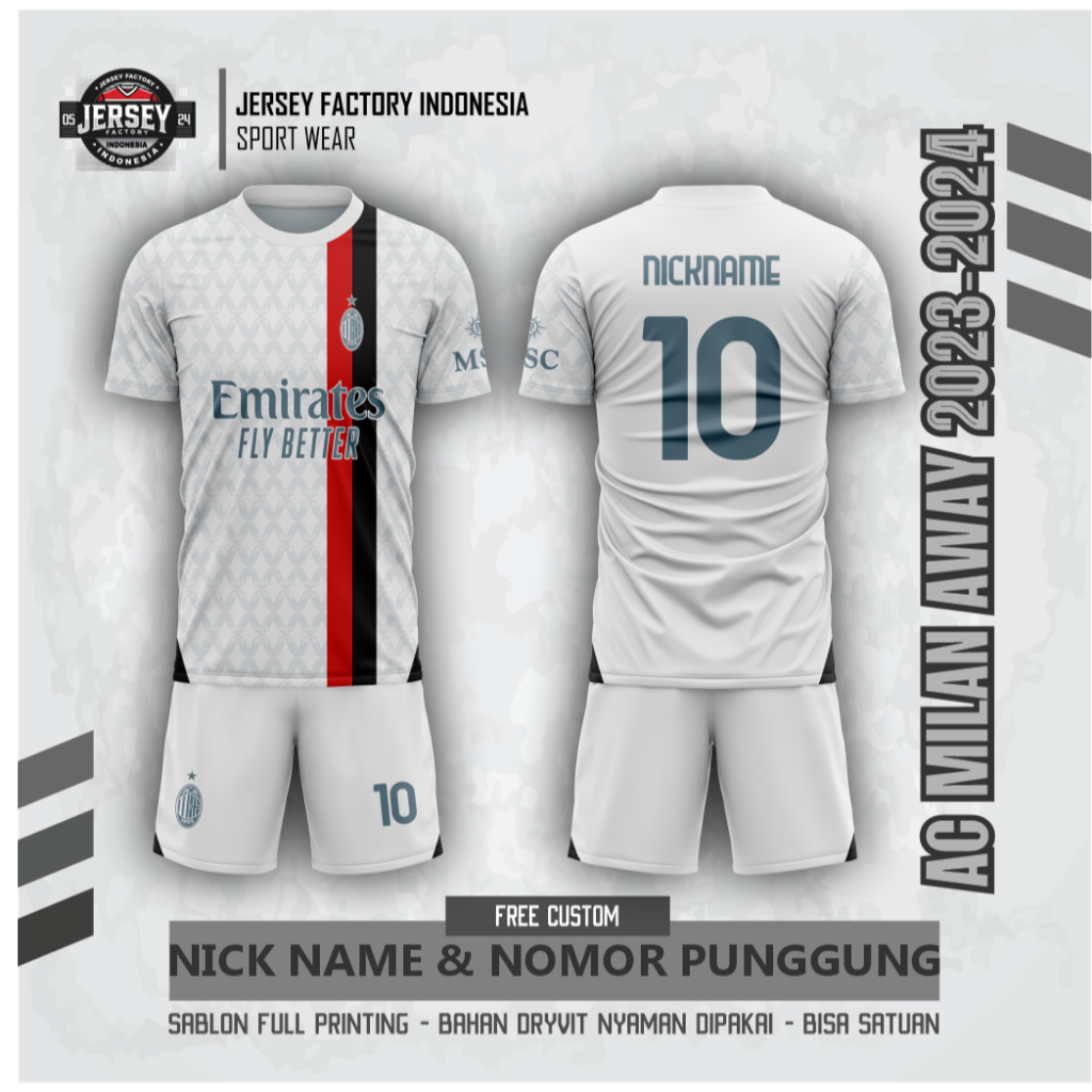 Jersey Sepak Bola AC Milan Away Putih 2023-2024 Custom Dryfit Jersey Anak Dewasa