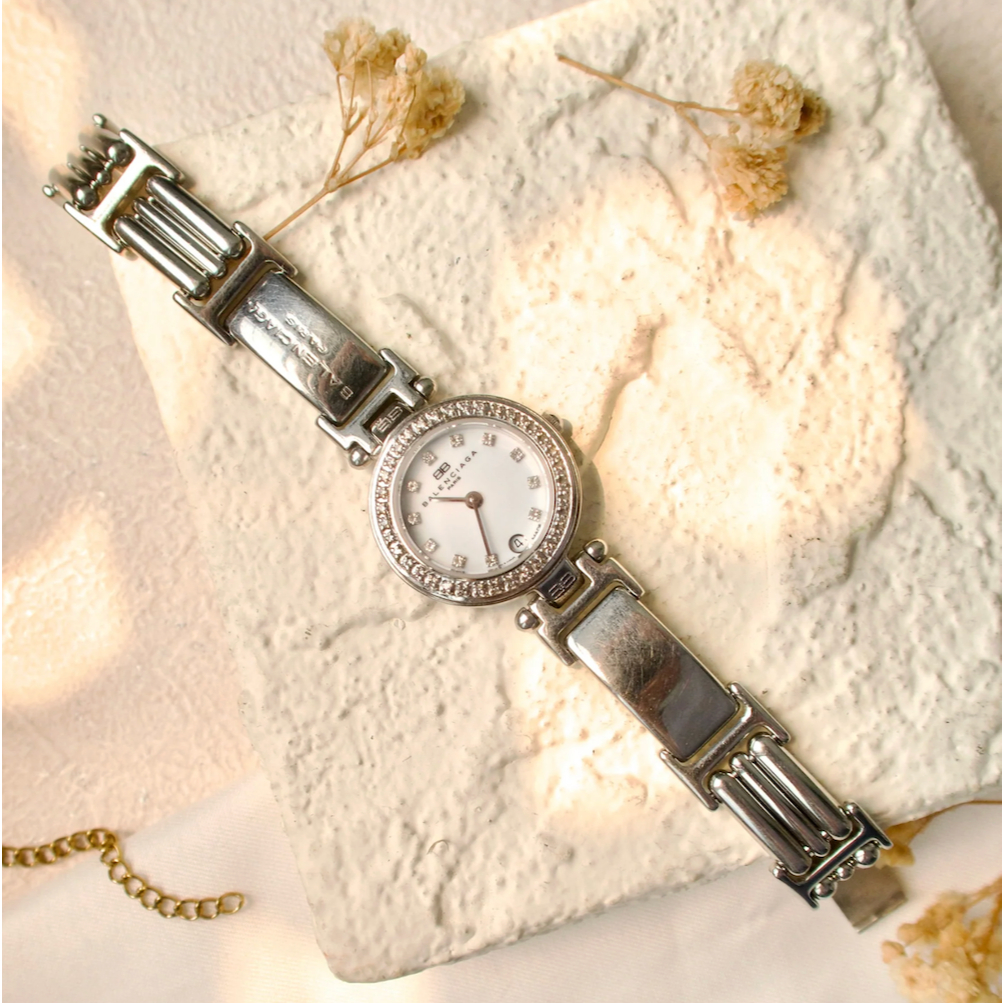 Jam Tangan Wanita Vintage Watch Balenciaga White Round 12P Diamond Dial Siler Chain Original Autenti