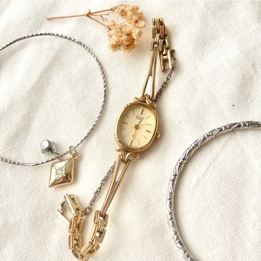 Jam Tangan Wanita Vintage Watch Citizen Oval Gold Dial Gold Chain Original Autentik Preloved Bekas