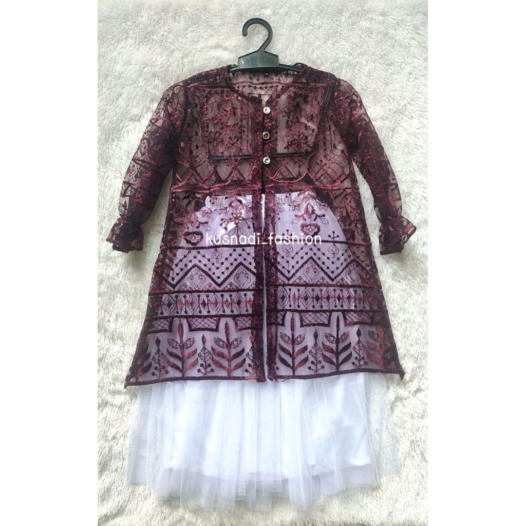 Tunik Outer Brukat Mix Rok Tutu Panjang Polos || Outer Brukat Tile Premium Mix Rok Tutu Polos Anak P