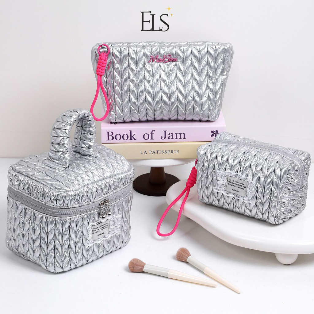 ELSA Cosmetic Bag Puffy Make Up Pouch Silver Metalic + Tali charm Custom YKTMW113