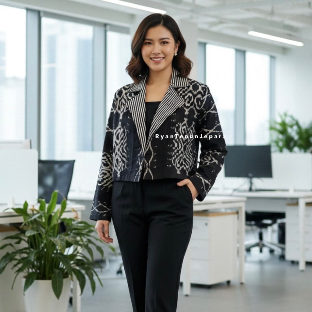 Crop Blazer Tenun Casual Wanita Etnik Batik Mix Lurik Premium Lengan Panjang